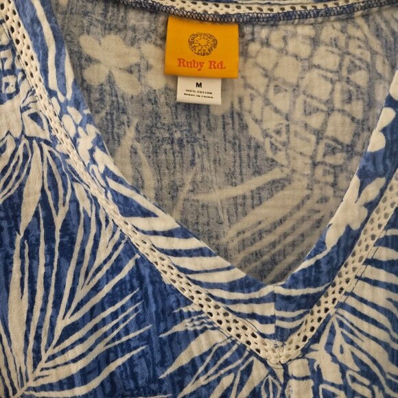 Ruby Boho Vacay tropical 100% cotton Vacay Cruise blue white shirt tie front M - Picture 4 of 7